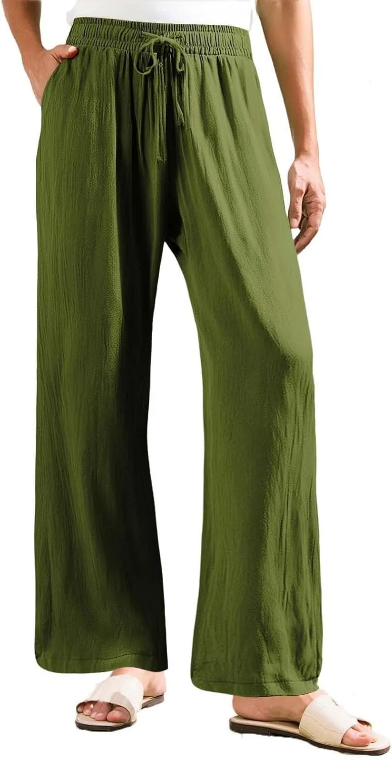 Wide Leg Linen Pants Women Plus Size High Waisted Palazzo Pant Casual Comfy Flowy Beach Summer Trousers with Pockets