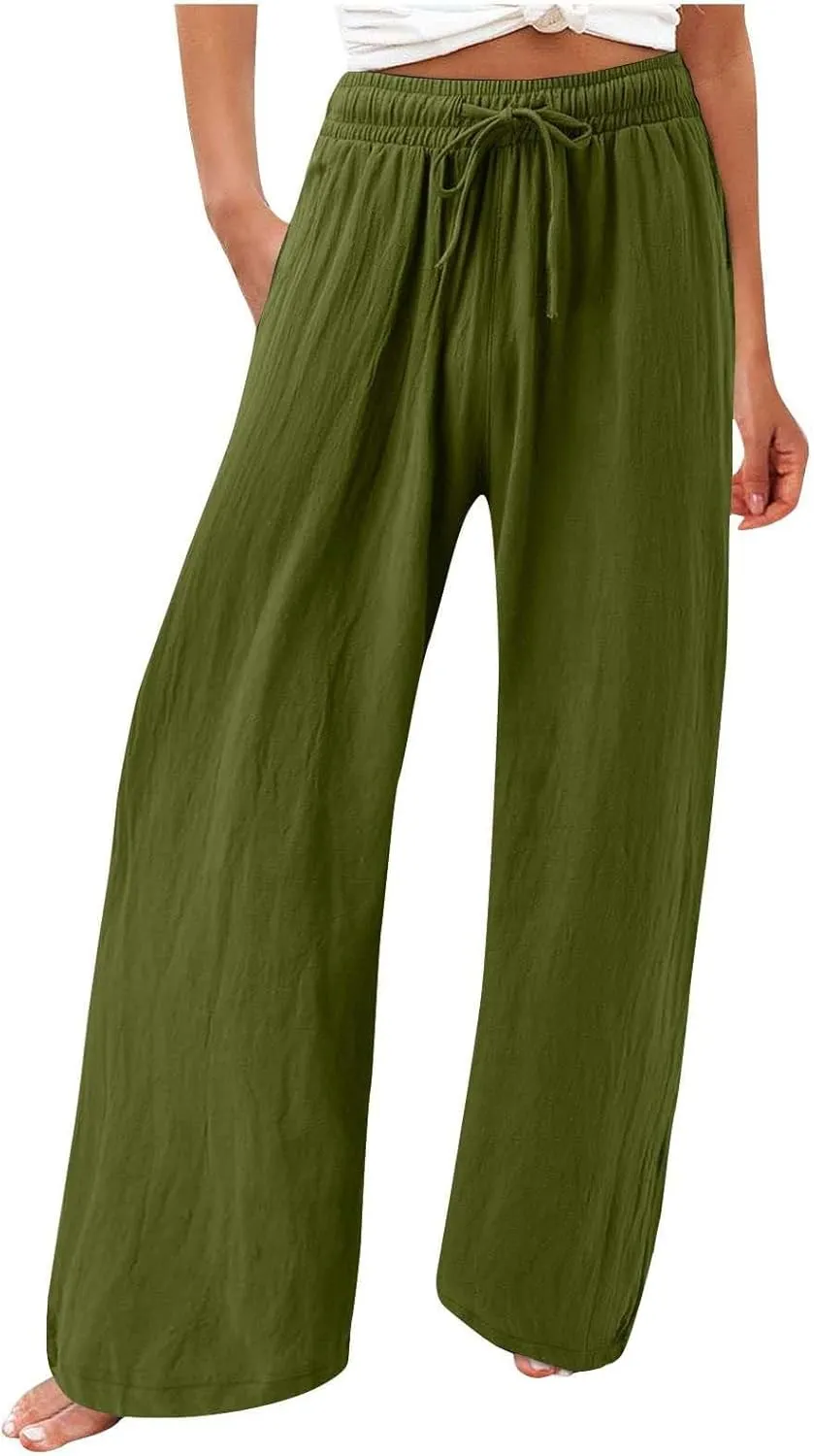 Wide Leg Linen Pants Women Plus Size High Waisted Palazzo Pant Casual Comfy Flowy Beach Summer Trousers with Pockets