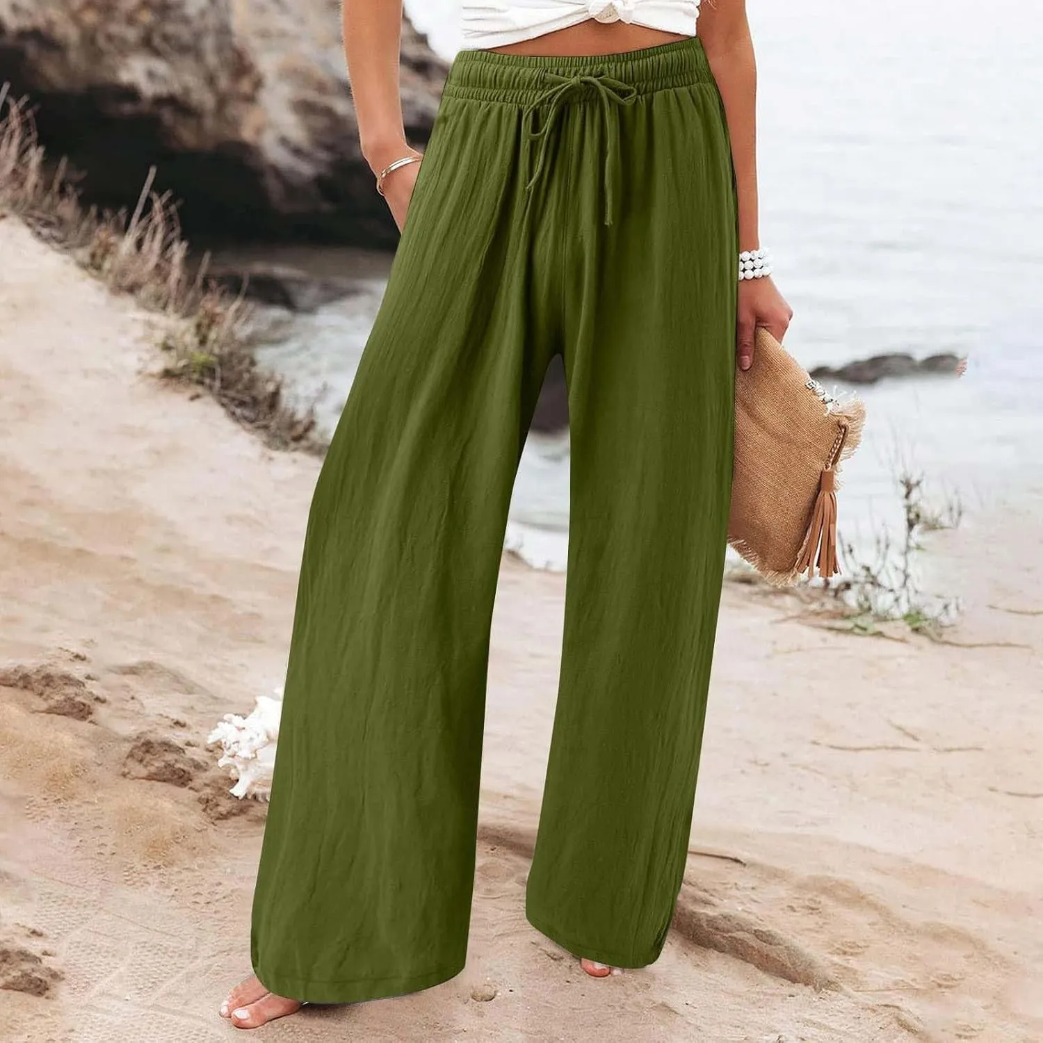 Wide Leg Linen Pants Women Plus Size High Waisted Palazzo Pant Casual Comfy Flowy Beach Summer Trousers with Pockets