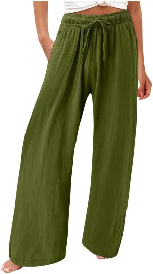 Wide Leg Linen Pants Women Plus Size High Waisted Palazzo Pant Casual Comfy Flowy Beach Summer Trousers with Pockets