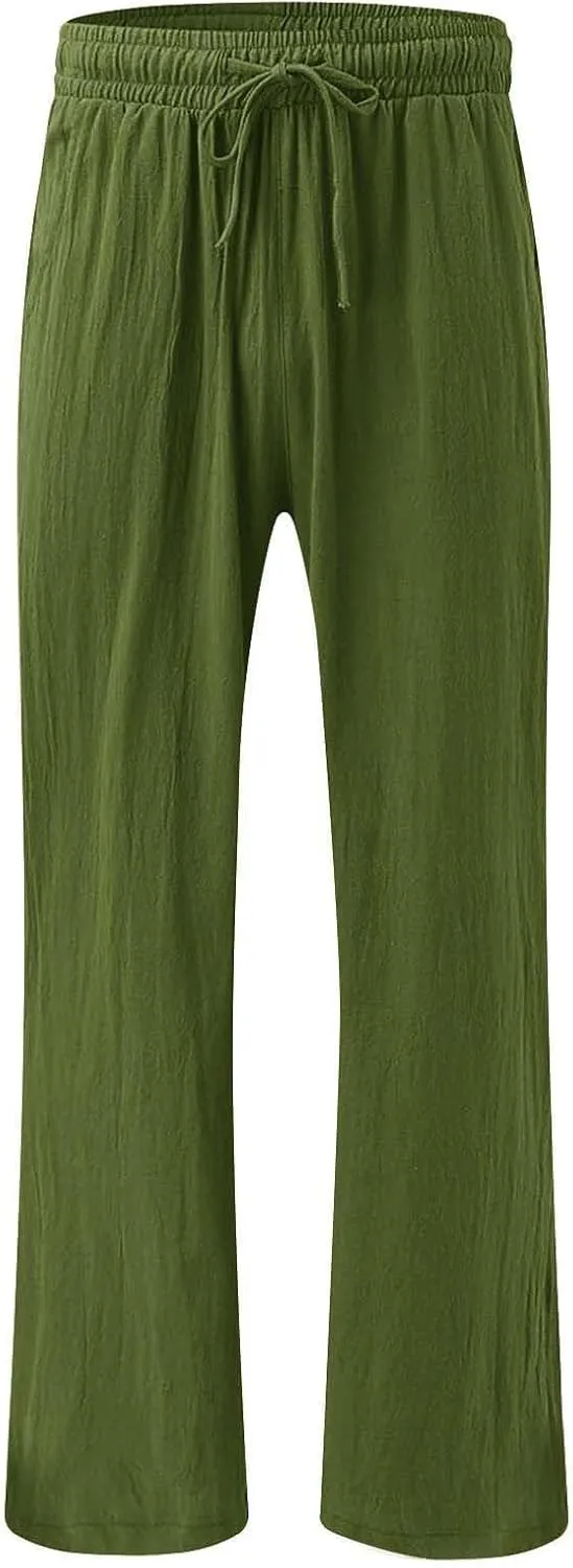 Wide Leg Linen Pants Women Plus Size High Waisted Palazzo Pant Casual Comfy Flowy Beach Summer Trousers with Pockets