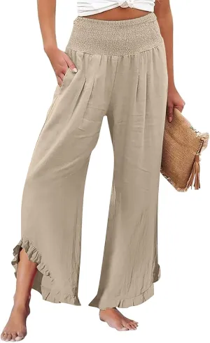 Wide Leg Linen Pants Women Summer High Waisted Smocked Ruffle Hem Palazzo Pants Boho Flowy Beach Pants with Pockets