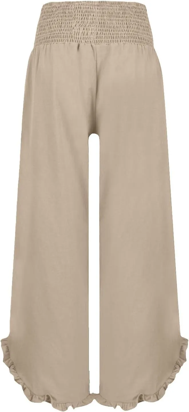 Wide Leg Linen Pants Women Summer High Waisted Smocked Ruffle Hem Palazzo Pants Boho Flowy Beach Pants with Pockets