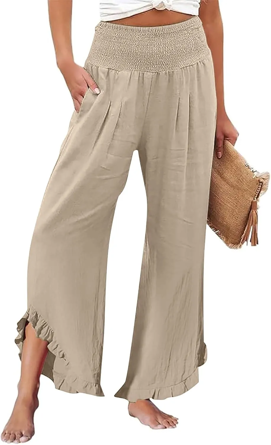 Wide Leg Linen Pants Women Summer High Waisted Smocked Ruffle Hem Palazzo Pants Boho Flowy Beach Pants with Pockets