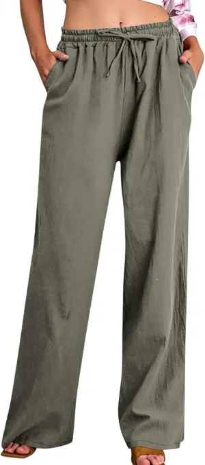 Wide Leg Pants for Women Cotton Linen Casual Summer Loose Drawstring Waist Trousers Summer Palazzo Pant with Pocket