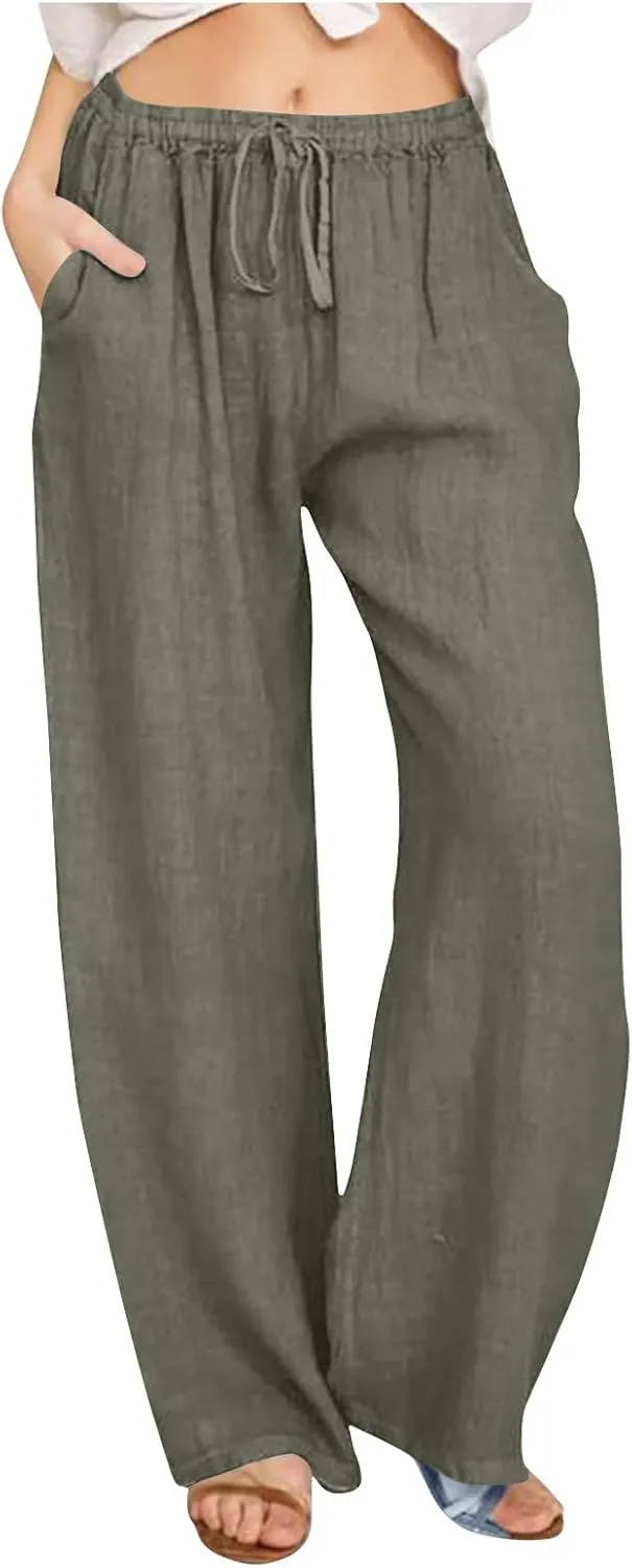 Wide Leg Pants for Women Cotton Linen Casual Summer Loose Drawstring Waist Trousers Summer Palazzo Pant with Pocket