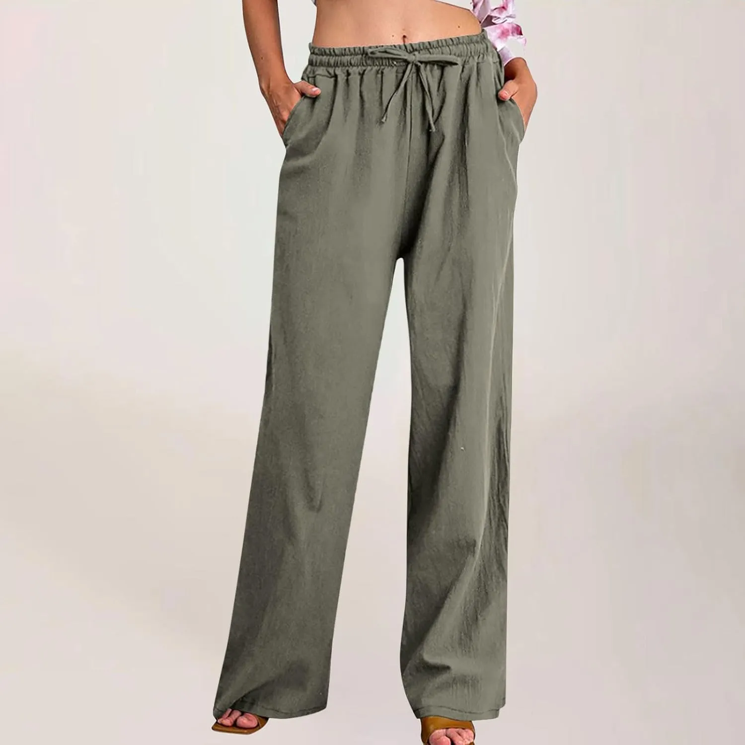 Wide Leg Pants for Women Cotton Linen Casual Summer Loose Drawstring Waist Trousers Summer Palazzo Pant with Pocket