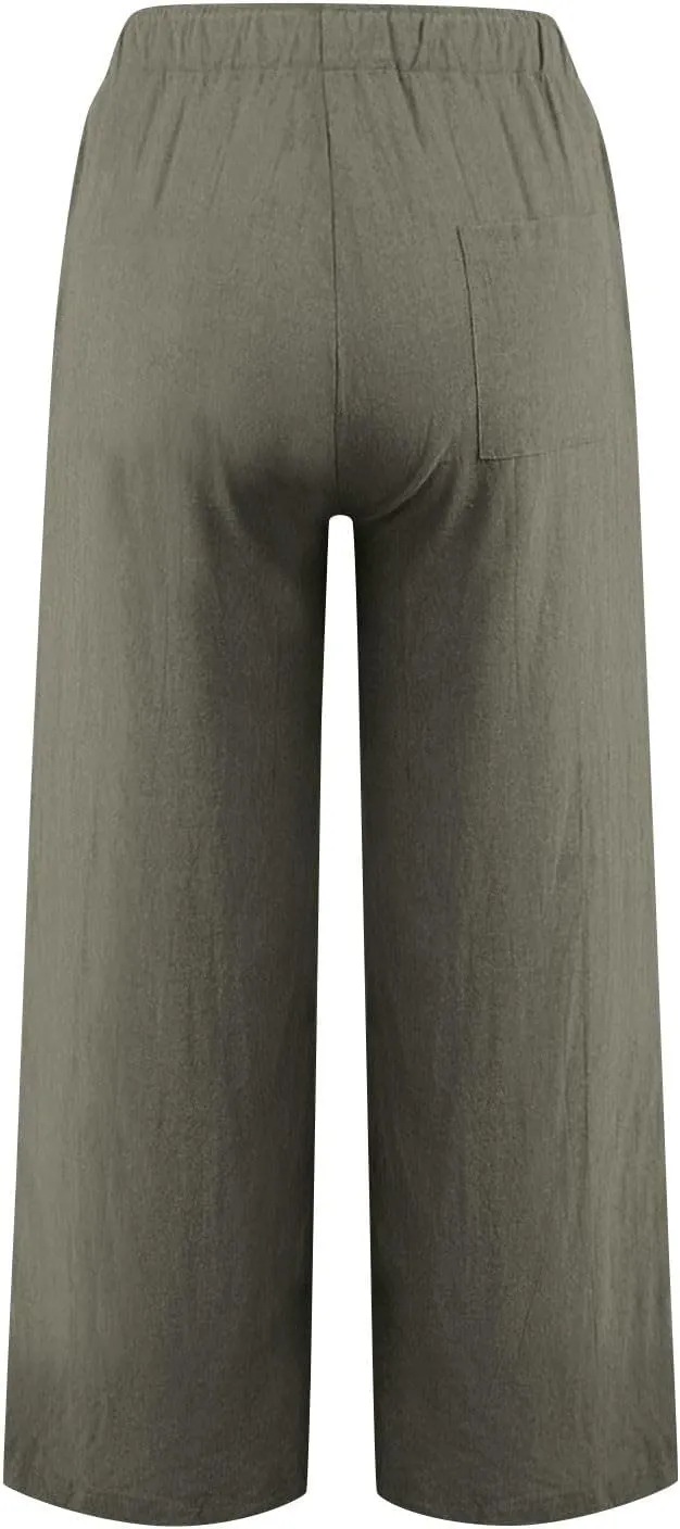 Wide Leg Pants for Women Cotton Linen Casual Summer Loose Drawstring Waist Trousers Summer Palazzo Pant with Pocket