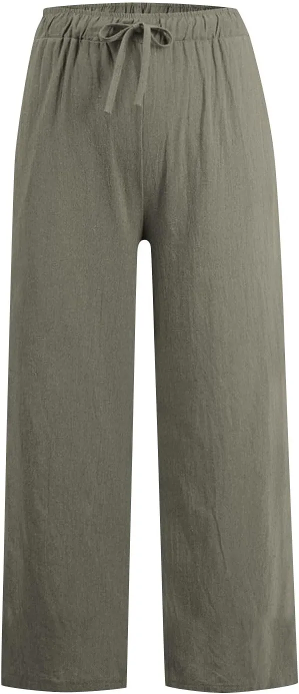 Wide Leg Pants for Women Cotton Linen Casual Summer Loose Drawstring Waist Trousers Summer Palazzo Pant with Pocket