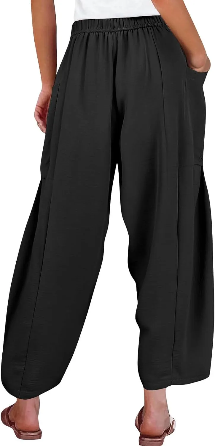 Wide Leg Pants for Women Linen High Waisted Summer Fashion Pants Drawstring Flowy with Pockets Solid Clothes Vacation