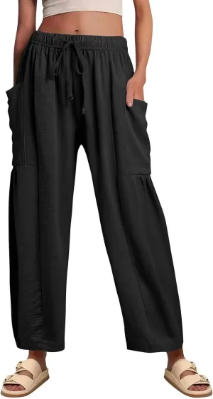 Wide Leg Pants for Women Linen High Waisted Summer Fashion Pants Drawstring Flowy with Pockets Solid Clothes Vacation