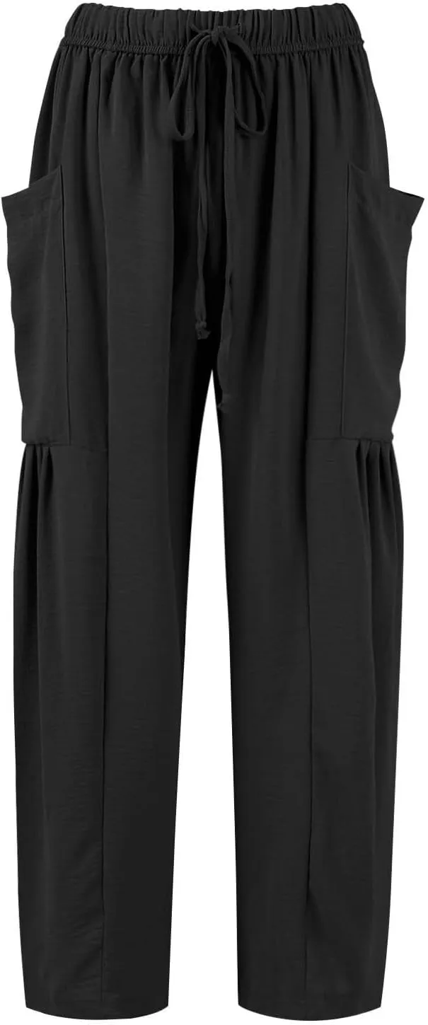 Wide Leg Pants for Women Linen High Waisted Summer Fashion Pants Drawstring Flowy with Pockets Solid Clothes Vacation