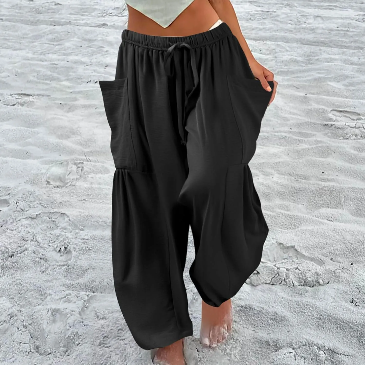 Wide Leg Pants for Women Linen High Waisted Summer Fashion Pants Drawstring Flowy with Pockets Solid Clothes Vacation