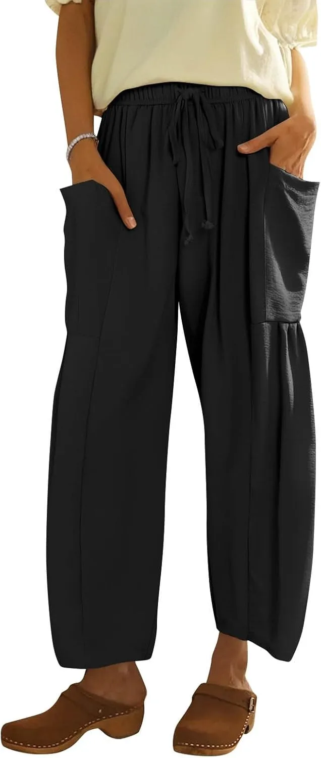 Wide Leg Pants for Women Linen High Waisted Summer Fashion Pants Drawstring Flowy with Pockets Solid Clothes Vacation