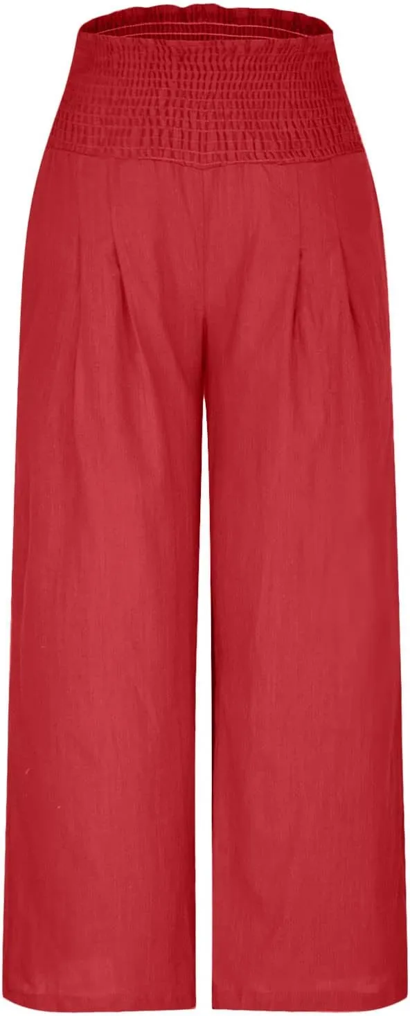 Wide Leg Pants for Women Summer Trendy Cotton Linen Palazzo Pants Smocked High Waisted Boho Trousers with Pockets