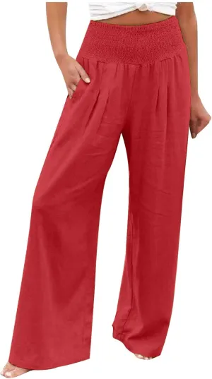 Wide Leg Pants for Women Summer Trendy Cotton Linen Palazzo Pants Smocked High Waisted Boho Trousers with Pockets
