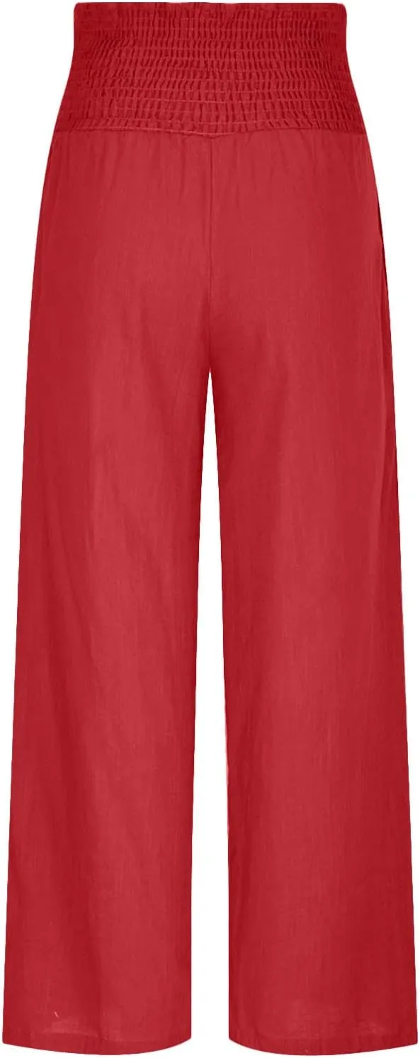 Wide Leg Pants for Women Summer Trendy Cotton Linen Palazzo Pants Smocked High Waisted Boho Trousers with Pockets