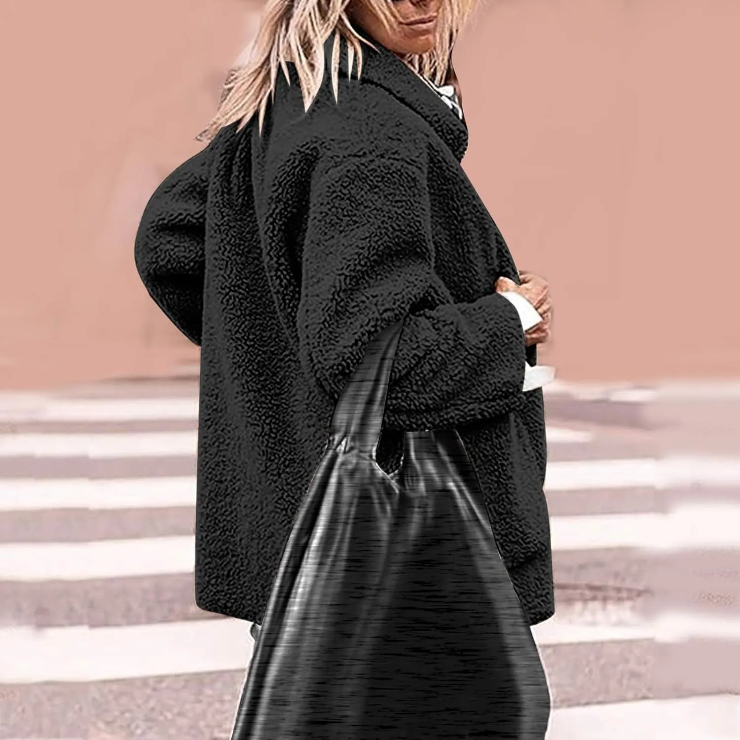 Winter Coats For Women Lapel Fuzzy Faux Fur Coat Long Sleeve Button Down Sherpa Jacket Fleece Warm Outerwear w/Pocket