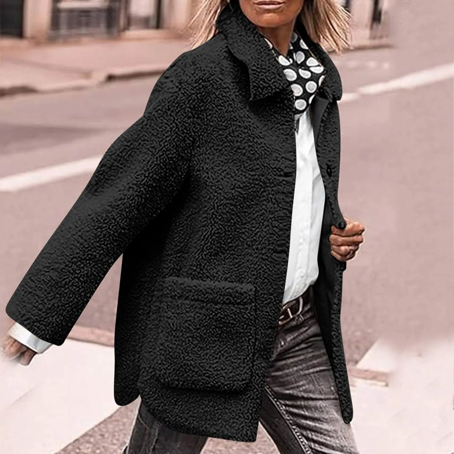 Winter Coats For Women Lapel Fuzzy Faux Fur Coat Long Sleeve Button Down Sherpa Jacket Fleece Warm Outerwear w/Pocket