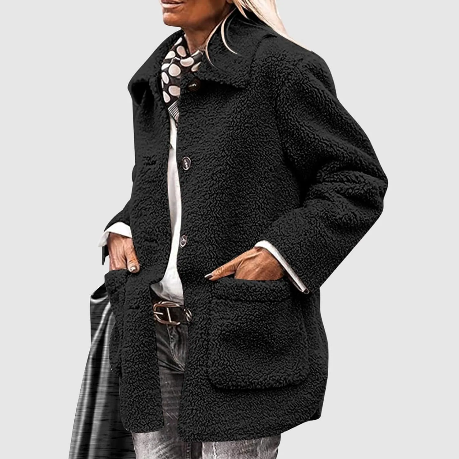 Winter Coats For Women Lapel Fuzzy Faux Fur Coat Long Sleeve Button Down Sherpa Jacket Fleece Warm Outerwear w/Pocket