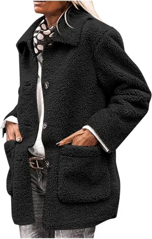 Winter Coats For Women Lapel Fuzzy Faux Fur Coat Long Sleeve Button Down Sherpa Jacket Fleece Warm Outerwear w/Pocket