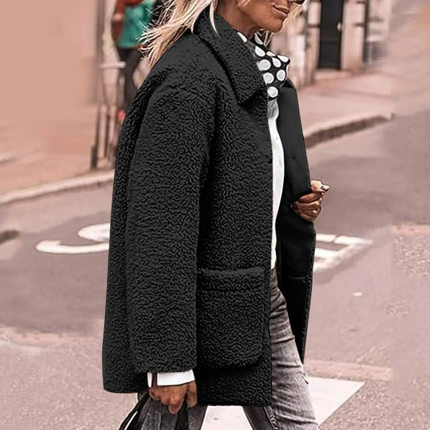 Winter Coats For Women Lapel Fuzzy Faux Fur Coat Long Sleeve Button Down Sherpa Jacket Fleece Warm Outerwear w/Pocket