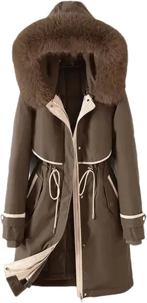 Woman Parker Cotton-Padded Jacket Long Liner Detachable Coat Waist Thick Warm Cotton-Padded Jacket Outwear Brown M