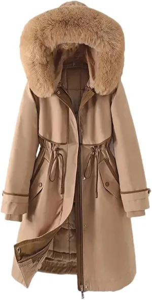 Woman Parker Cotton-Padded Jacket Long Liner Detachable Coat Waist Thick Warm Cotton-Padded Jacket Outwear Khaki XL