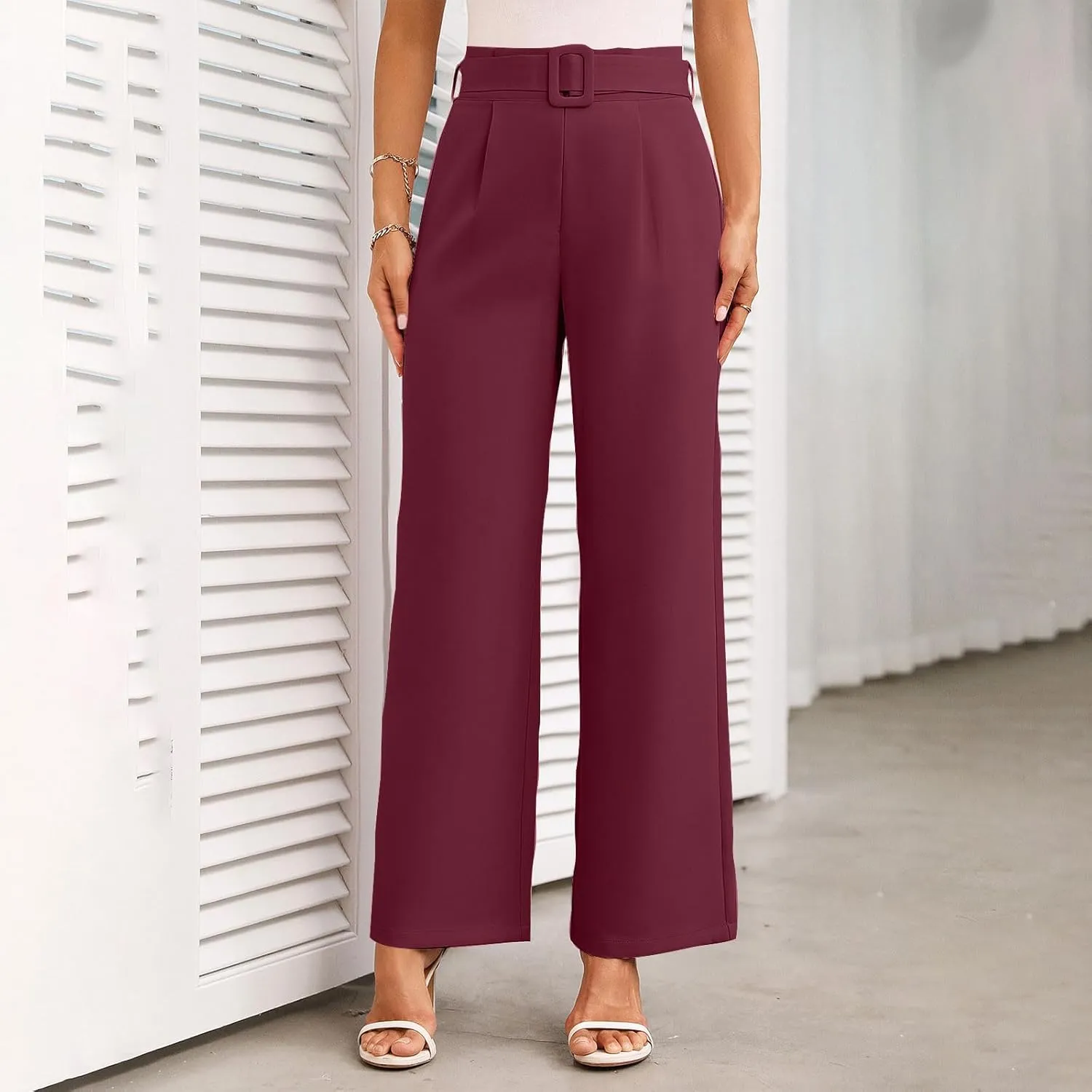 Women Casual Pleated Straight Suit Pants High Waist Loose Fit Dress Pants Solid Color Wide Leg Trousers with Belt