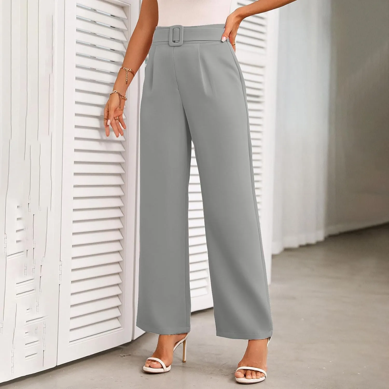 Women Casual Pleated Straight Suit Pants High Waist Loose Fit Dress Pants Solid Color Wide Leg Trousers with Belt