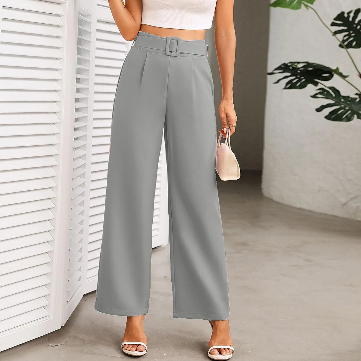 Women Casual Pleated Straight Suit Pants High Waist Loose Fit Dress Pants Solid Color Wide Leg Trousers with Belt
