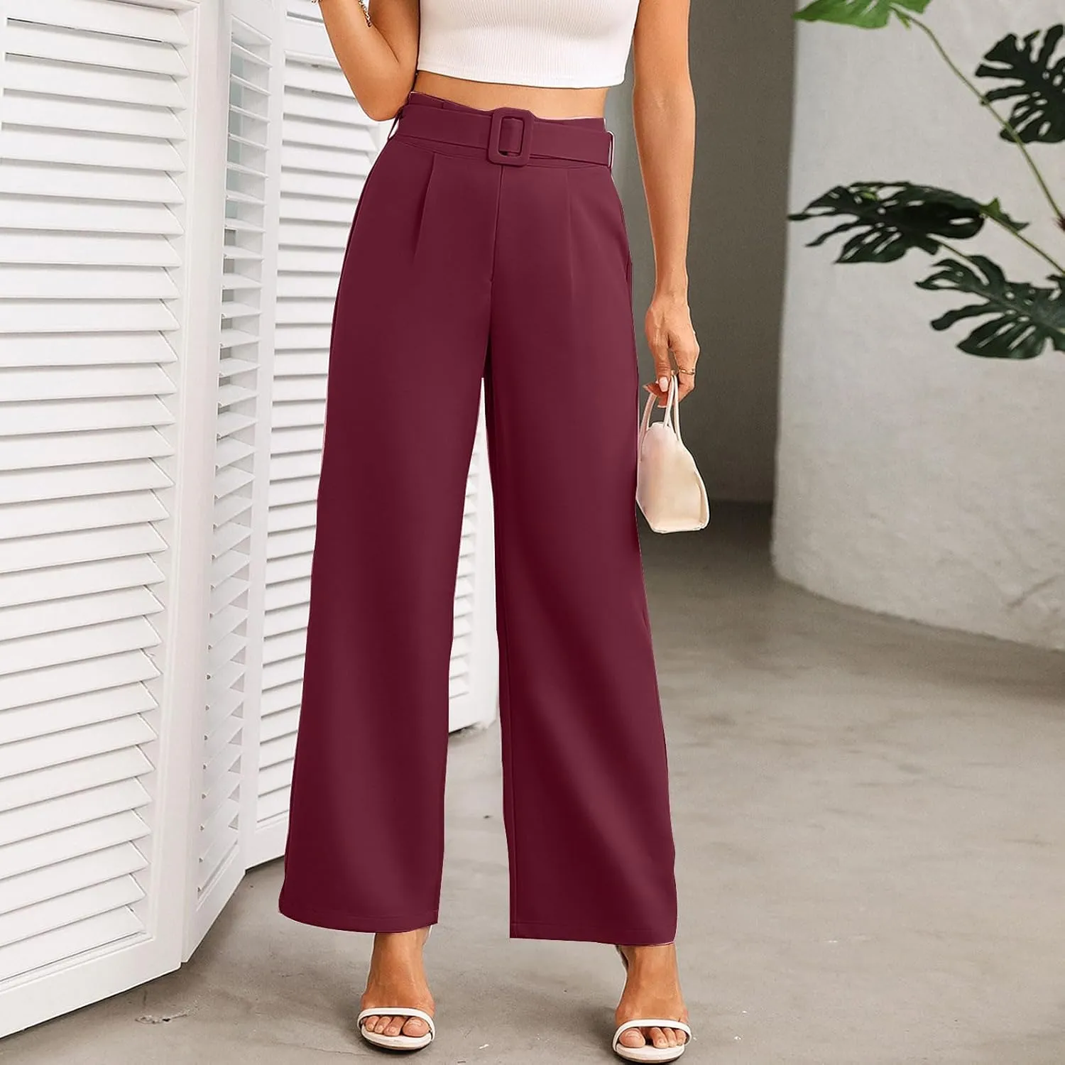 Women Casual Pleated Straight Suit Pants High Waist Loose Fit Dress Pants Solid Color Wide Leg Trousers with Belt