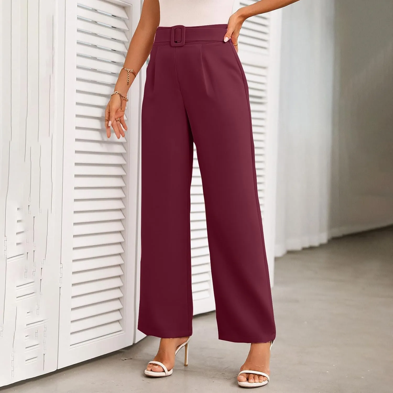 Women Casual Pleated Straight Suit Pants High Waist Loose Fit Dress Pants Solid Color Wide Leg Trousers with Belt