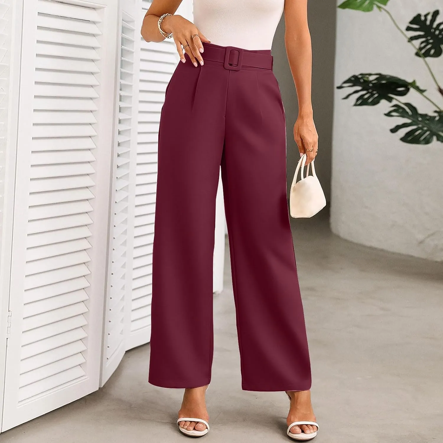 Women Casual Pleated Straight Suit Pants High Waist Loose Fit Dress Pants Solid Color Wide Leg Trousers with Belt