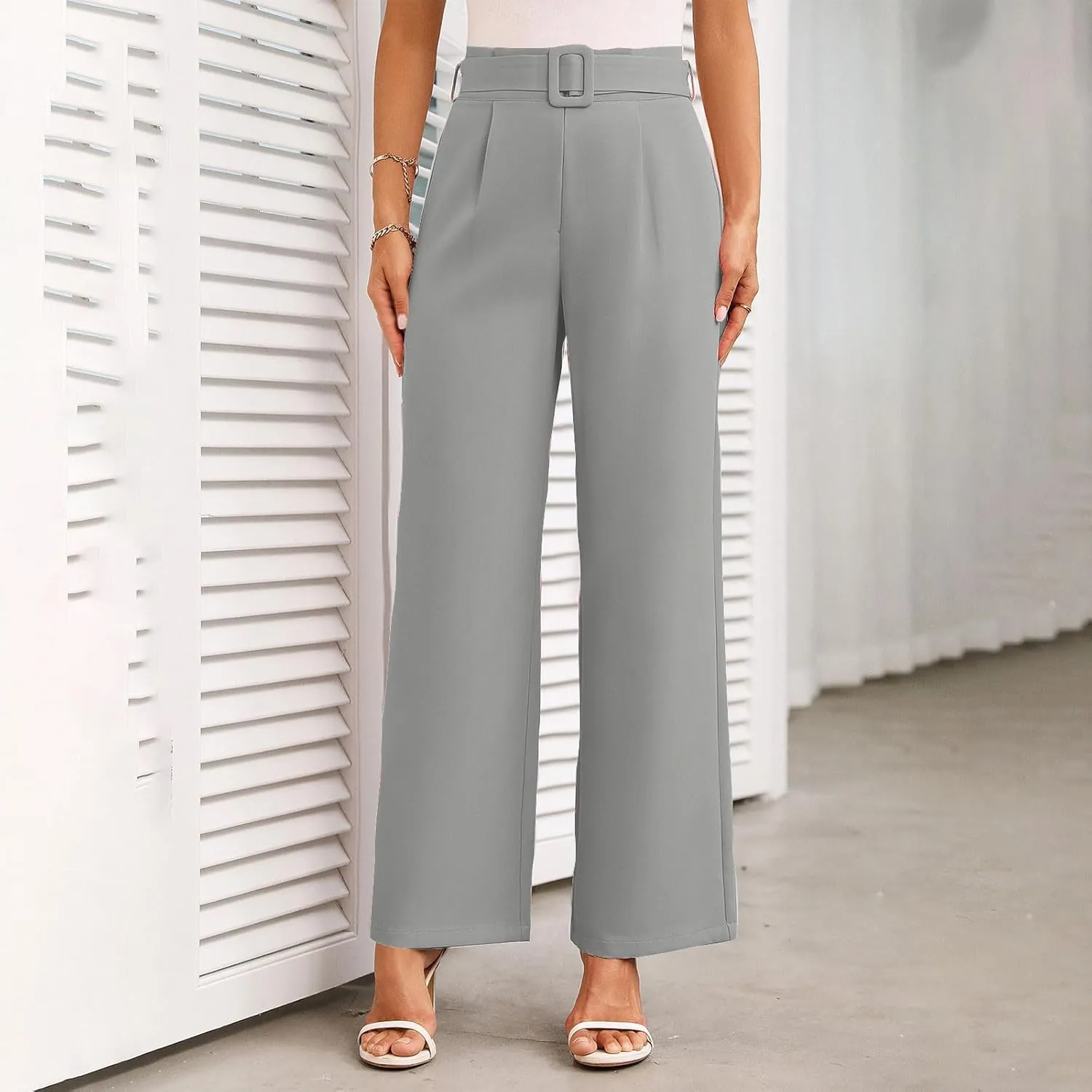 Women Casual Pleated Straight Suit Pants High Waist Loose Fit Dress Pants Solid Color Wide Leg Trousers with Belt
