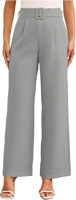 Women Casual Pleated Straight Suit Pants High Waist Loose Fit Dress Pants Solid Color Wide Leg Trousers with Belt