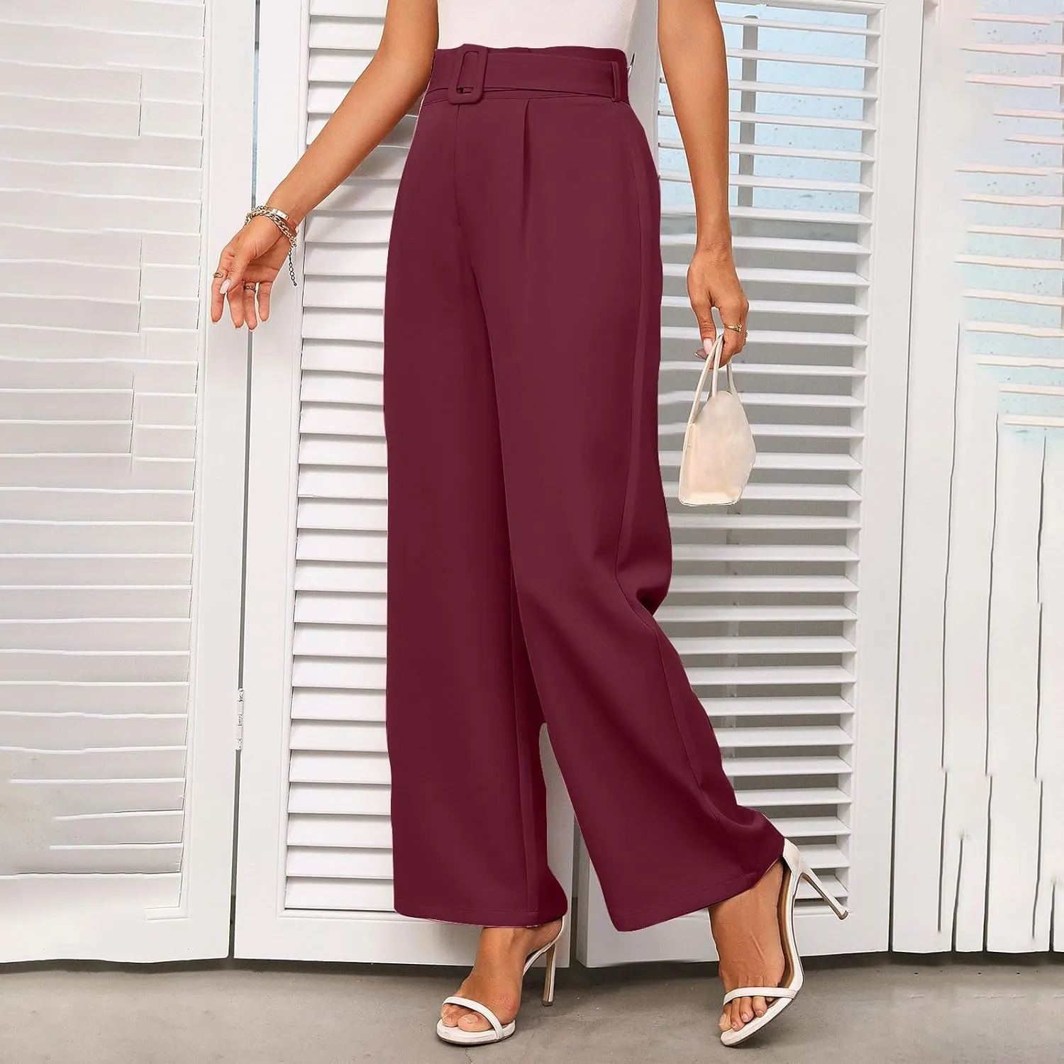 Women Casual Pleated Straight Suit Pants High Waist Loose Fit Dress Pants Solid Color Wide Leg Trousers with Belt
