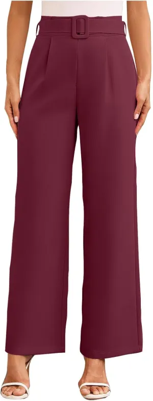 Women Casual Pleated Straight Suit Pants High Waist Loose Fit Dress Pants Solid Color Wide Leg Trousers with Belt