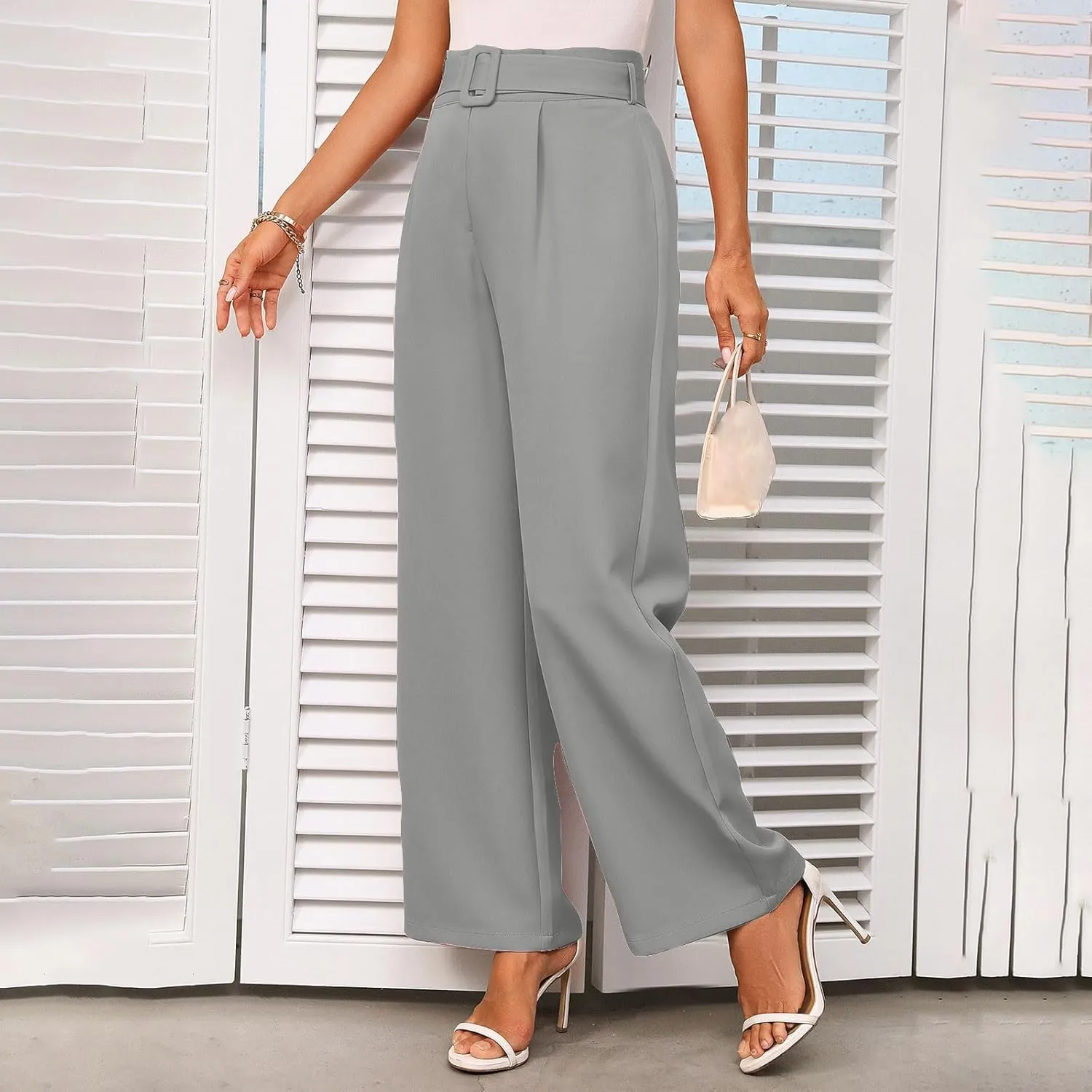 Women Casual Pleated Straight Suit Pants High Waist Loose Fit Dress Pants Solid Color Wide Leg Trousers with Belt