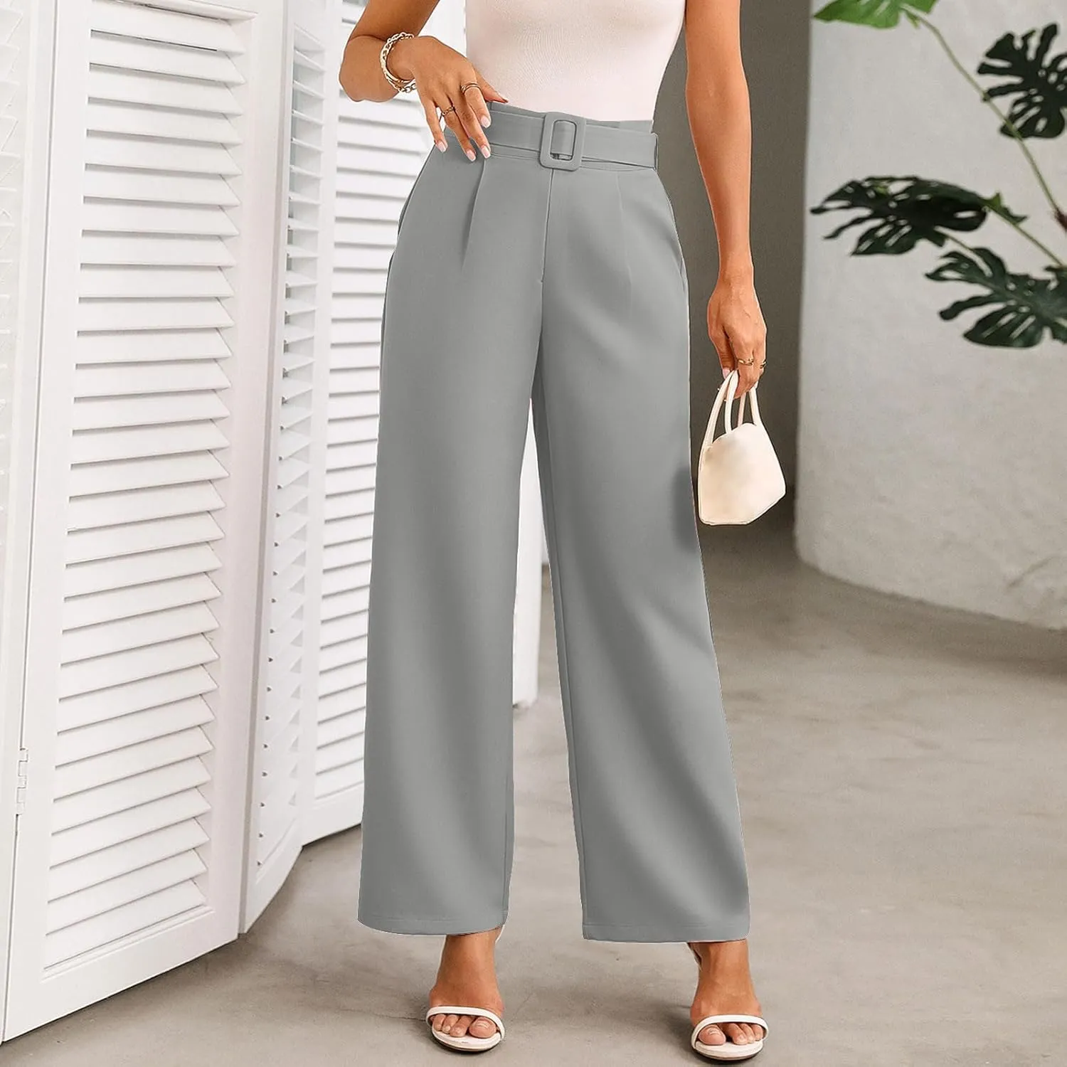 Women Casual Pleated Straight Suit Pants High Waist Loose Fit Dress Pants Solid Color Wide Leg Trousers with Belt