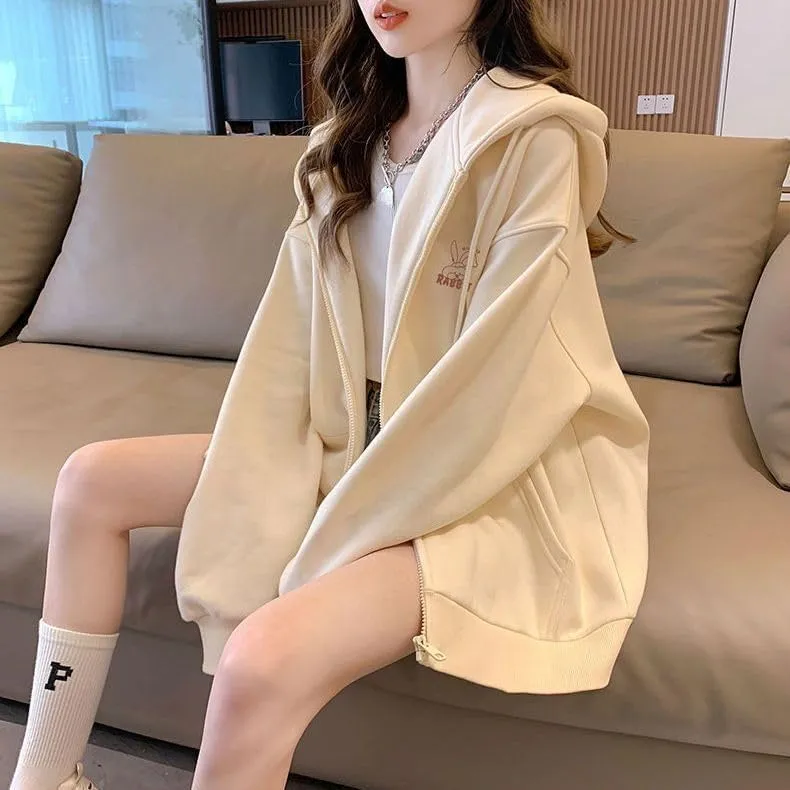 Women Cute Oversized Hoodies Goth Bunny Graphic Zip Up Hoodie Y2K Plain Streetwear Emo Cardigan Jacket Sweatshirts