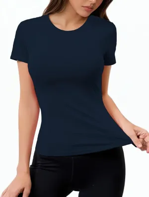 Women Elastic Workout Shirts Breathable Compression Quick Dry Gym Lightweight Basic Fitted Tops
