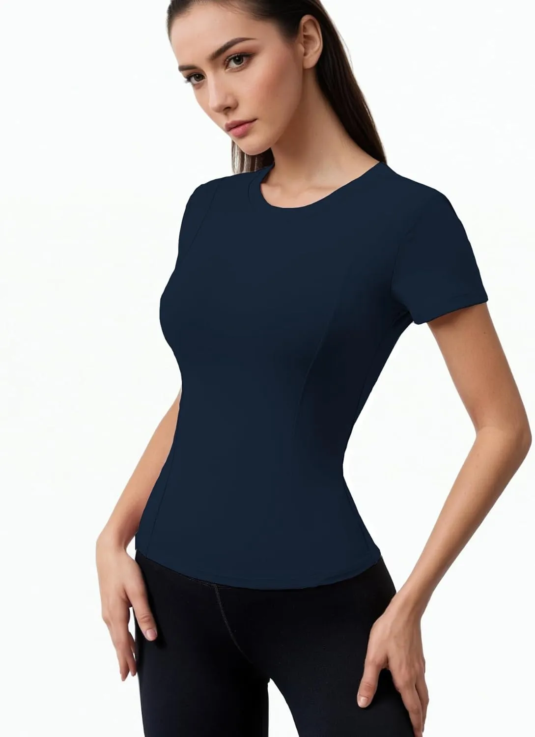 Women Elastic Workout Shirts Breathable Compression Quick Dry Gym Lightweight Basic Fitted Tops