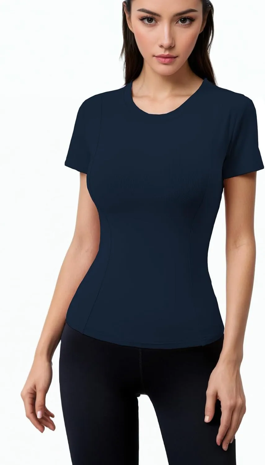 Women Elastic Workout Shirts Breathable Compression Quick Dry Gym Lightweight Basic Fitted Tops