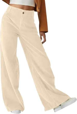Women Fashion Button Elastic High Waist Trousers Solid Loose Wide Leg Pants Casual Straight Leg Pants with Pocket