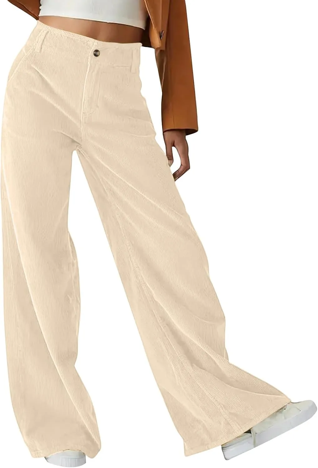 Women Fashion Button Elastic High Waist Trousers Solid Loose Wide Leg Pants Casual Straight Leg Pants with Pocket