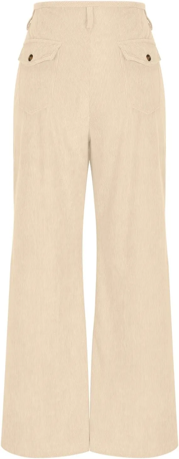 Women Fashion Button Elastic High Waist Trousers Solid Loose Wide Leg Pants Casual Straight Leg Pants with Pocket