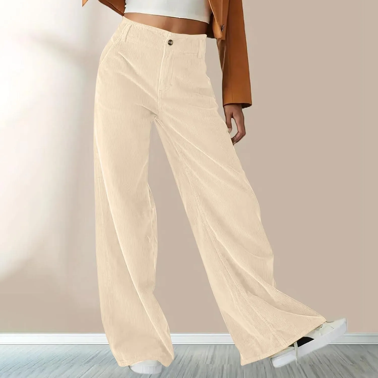Women Fashion Button Elastic High Waist Trousers Solid Loose Wide Leg Pants Casual Straight Leg Pants with Pocket
