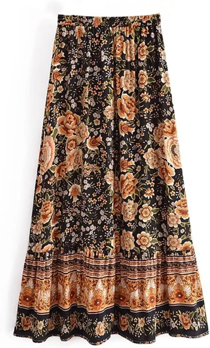 Women Floral Print Beach Bohemian Pleated Skirt Summer Vintage Lady High Waist A-Line Skirts