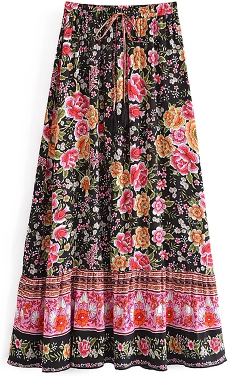 Women Floral Print Beach Bohemian Pleated Skirt Summer Vintage Lady High Waist A-Line Skirts